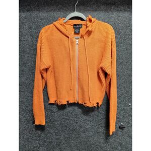 Runway Orange Distressed Zip Up Hooded Cropped Sweater Womens L